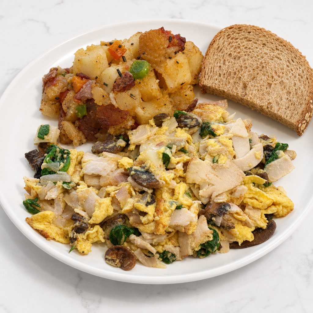 Spinch, Meat, Mushroom Scramble.