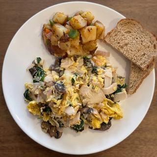 Spinch, Meat, Mushroom Scramble
