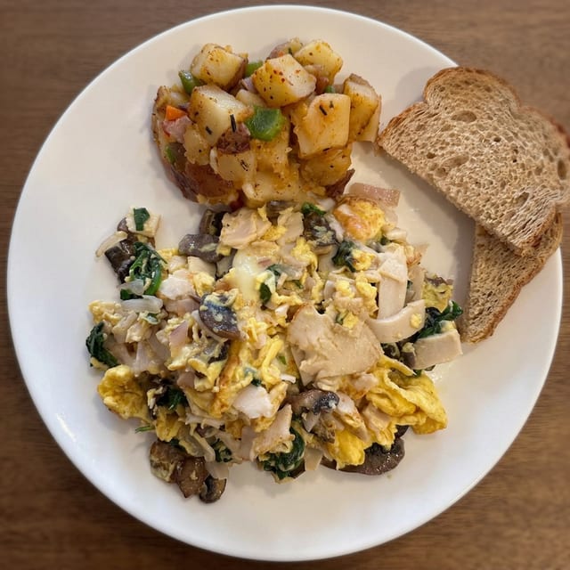 Spinch, Meat, Mushroom Scramble.